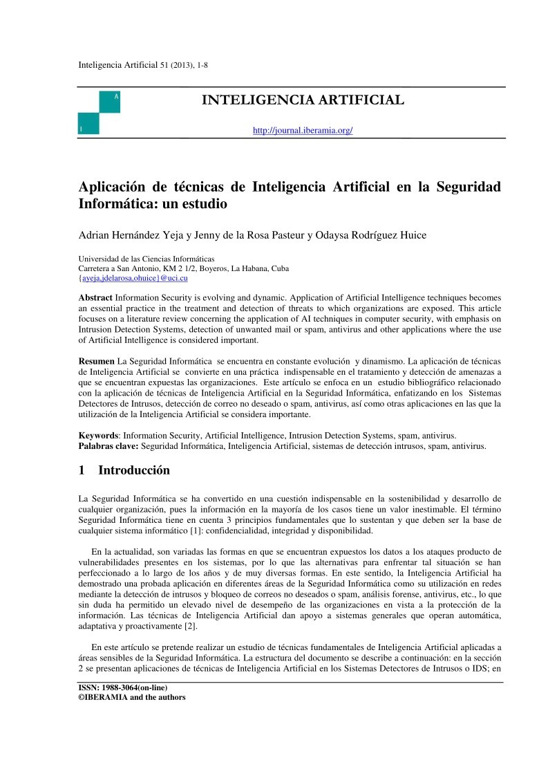 Imágen de pdf Aplicación de técnicas de Inteligencia Artificial en la Seguridad Informática: un estudio