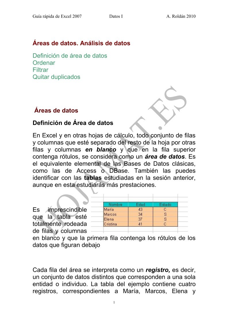 Imágen de pdf Área de datos. Análisis de datos - Guía rápida de Excel 2007