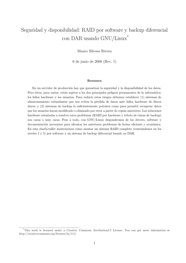 Imágen de pdf Seguridad y disponibilidad: RAID por software y backup diferencial con DAR usando GNU/Linux