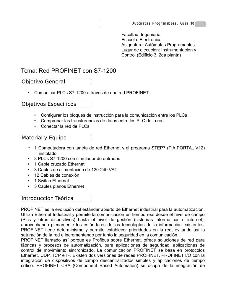 Imágen de pdf Tema: Red PROFINET con S7-1200 - Guía 10 - Autómatas Programables