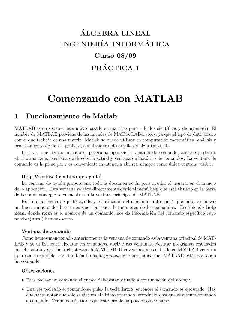 Imágen de pdf Algebra lineal ingeniería informática - Práctica 1 - Comenzando con MATLAB