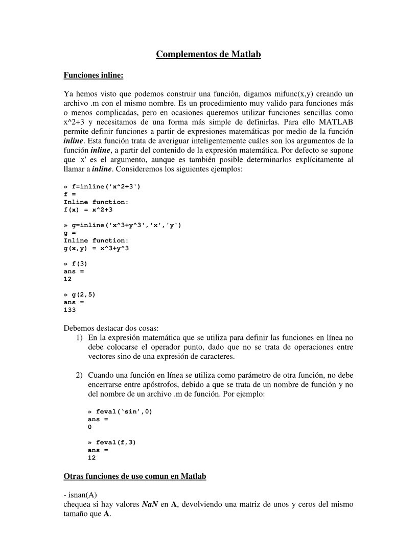 Imágen de pdf Complementos de Matlab - Funciones inline