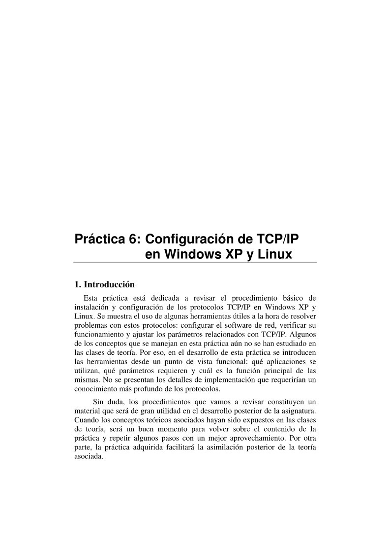 Imágen de pdf Práctica 6: Configuración de TCP/IP en Windows XP y Linux