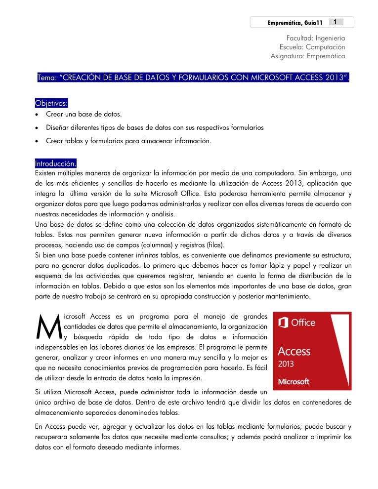 Imágen de pdf Guía 11 - Creación de base de datos y formularios con Microsoft Access 2013