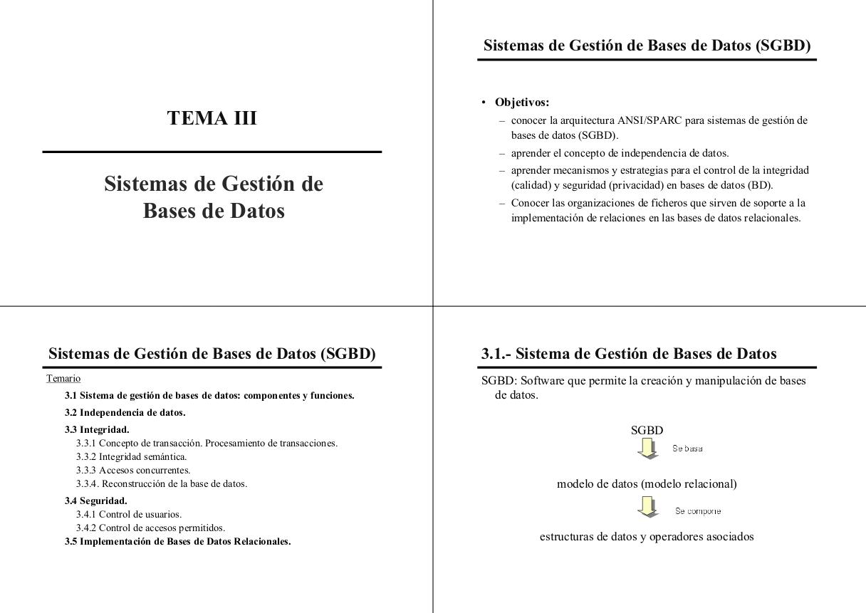 Imágen de pdf Tema III - Sistemas de Gestión de  Bases de Datos