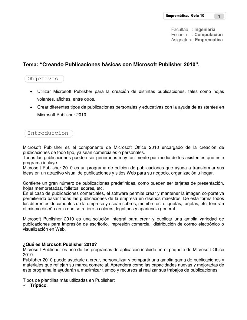 Imágen de pdf Tema: Creando Publicaciones básicas con Microsoft Publisher 2010