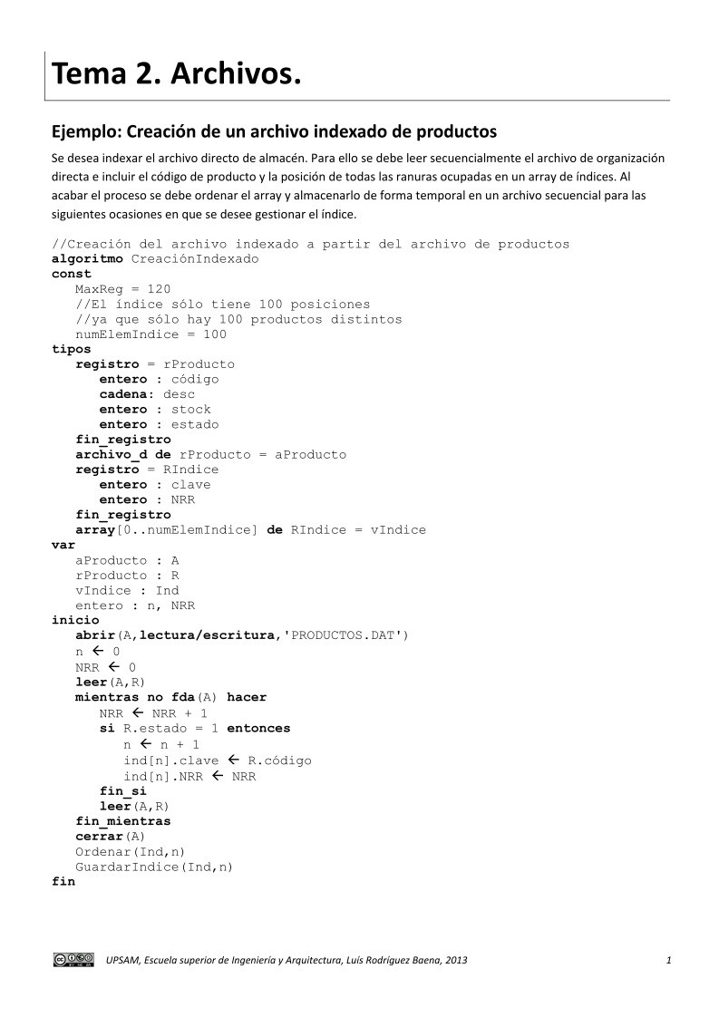 Imágen de pdf Creación de un archivo indexado de productos - Tema 2. Archivos