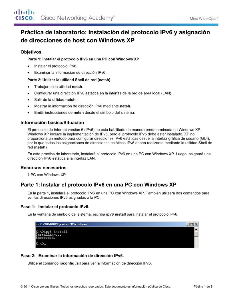 Imágen de pdf Práctica de laboratorio: Instalación del protocolo IPv6 y asignación de direcciones de host con Windows XP