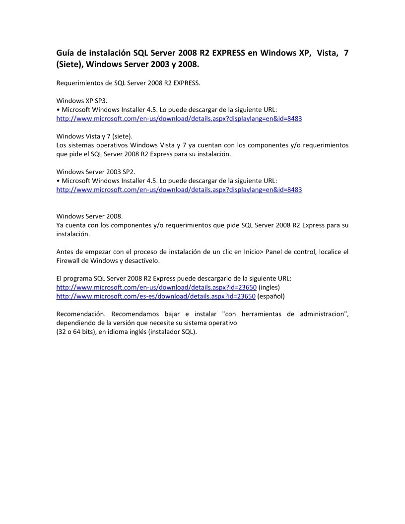 Imágen de pdf Guía de instalación SQL Server 2008 R2 EXPRESS en Windows XP, Vista, 7 (Siete), Windows Server 2003 y 2008