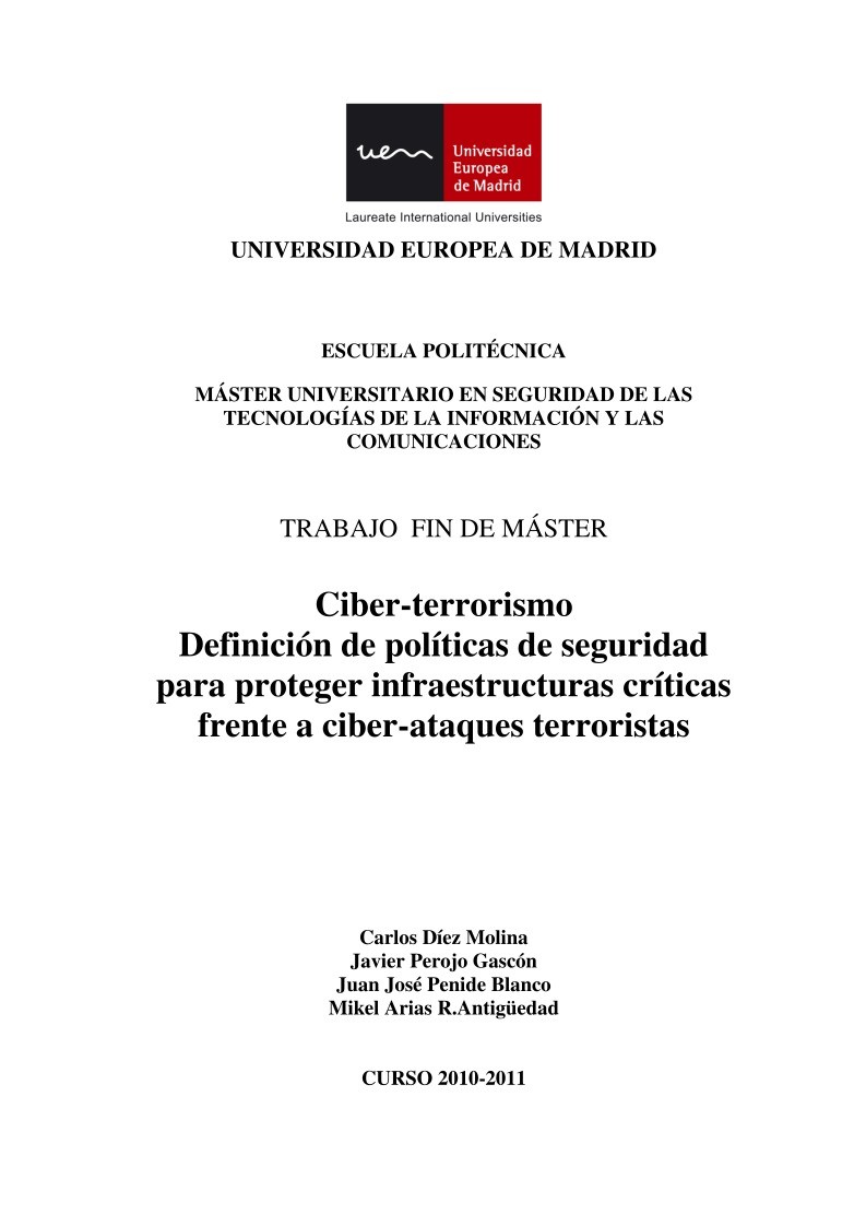 Imágen de pdf Ciber-terrorismo Definición de políticas de seguridad para proteger infraestructuras críticas frente a ciber-ataques terroristas