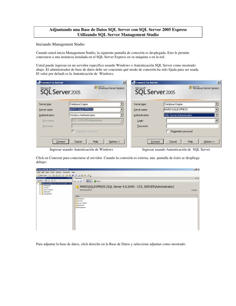 Imágen de pdf Adjuntando una Base de Datos SQL Server con SQL Server 2005 Express Utilizando SQL Server Management Studio