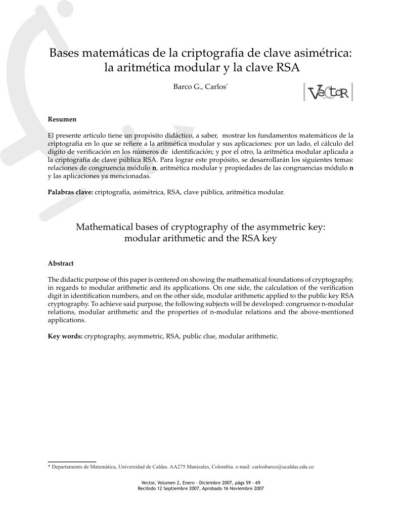 Imágen de pdf Bases matemáticas de la criptografía de clave asimétrica: la aritmética modular y la clave RSA