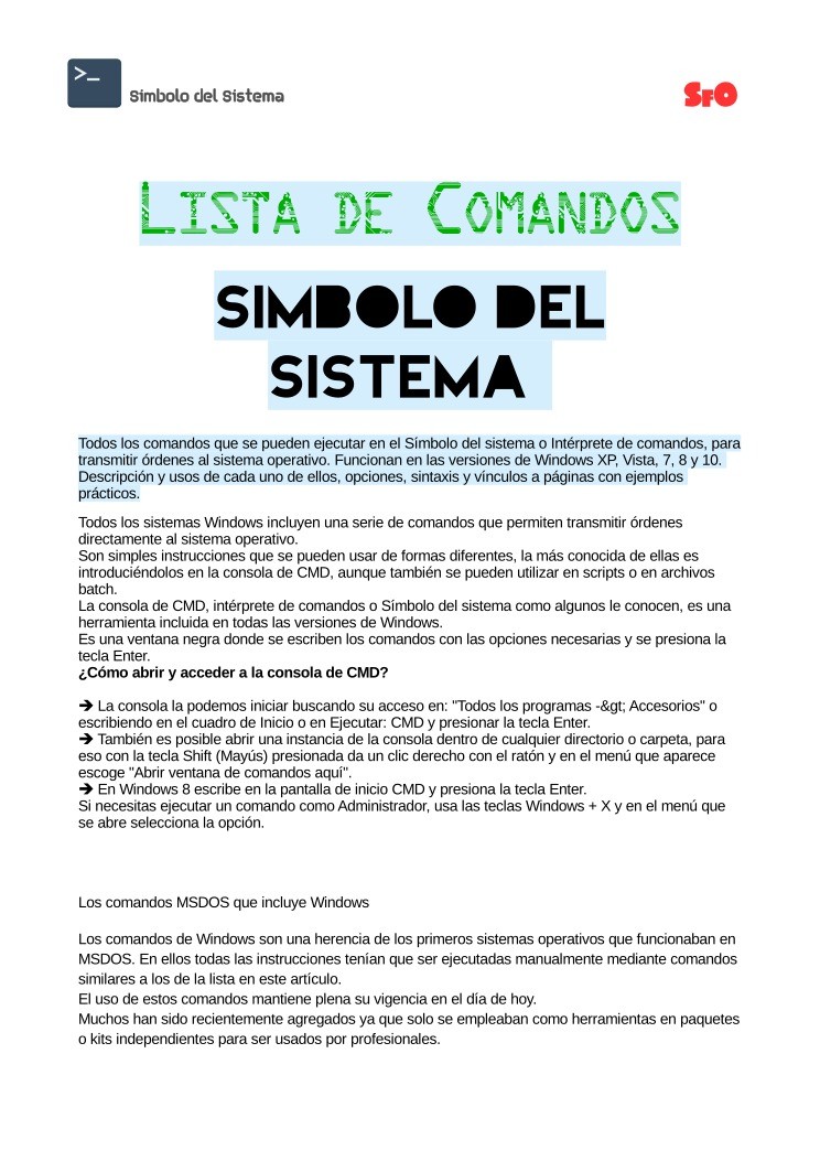 Imágen de pdf Lista de comandos - Simbolo del sistema