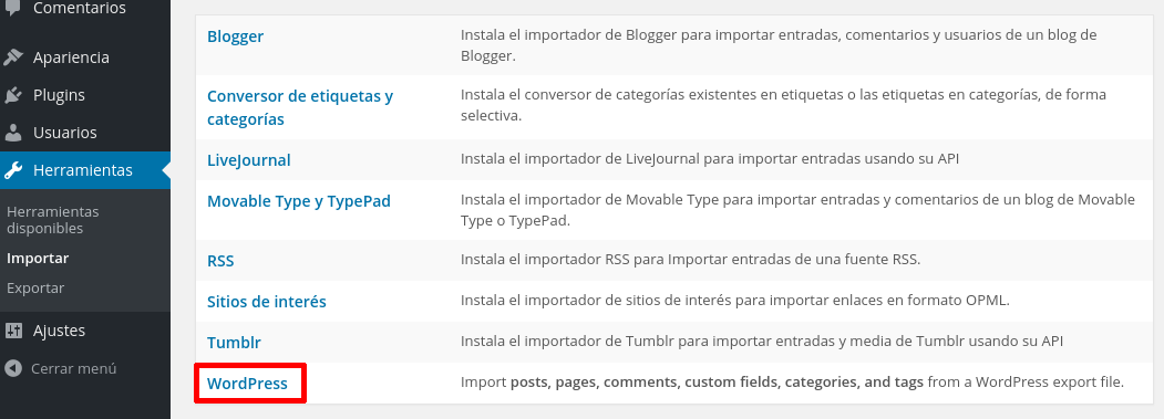 wordpress-herramientas-importar